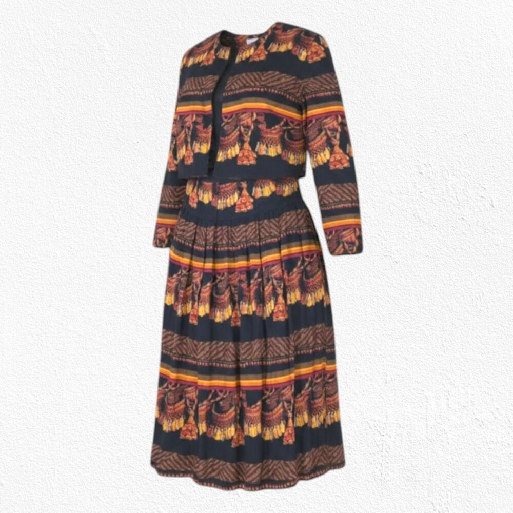 Vintage 80s Tapestry Print Crop Jacket Maxi Skirt Set Boho Festival Size 12